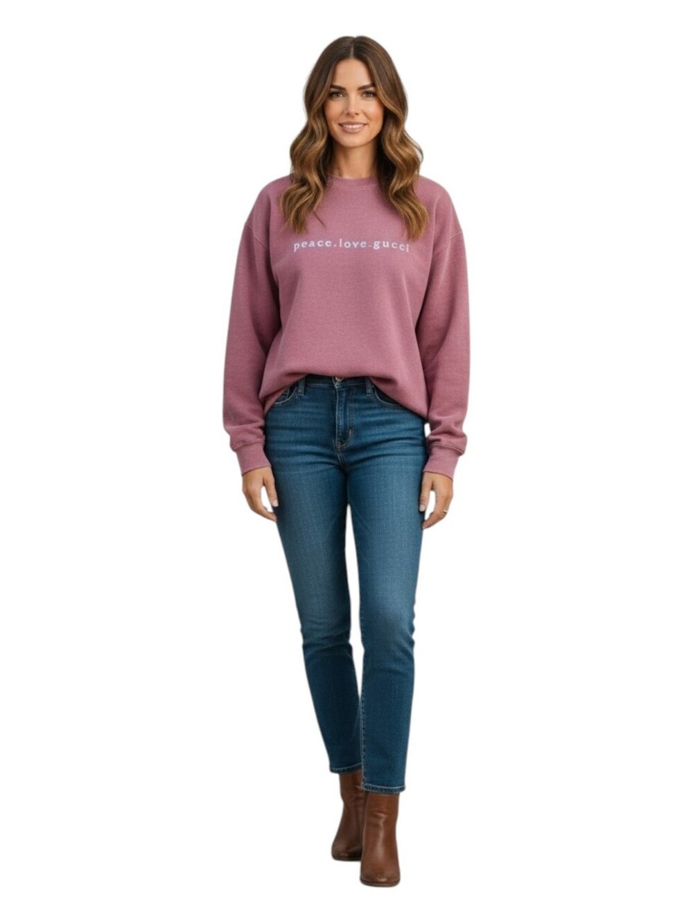 Boujie Crewneck Sweatshirt, Dusty Rose 'peace.love.gucci', XL - EUC!